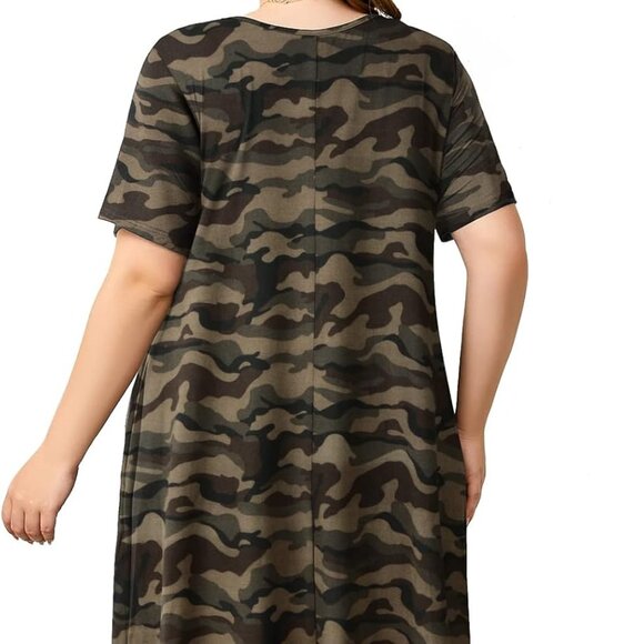 Plus Size Women's V-Neck T-Shirt Dress Casual Short Sleeve A-Line Pockets - Picture 3 of 4